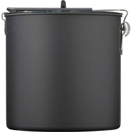 Black metal canister with lid on plain background