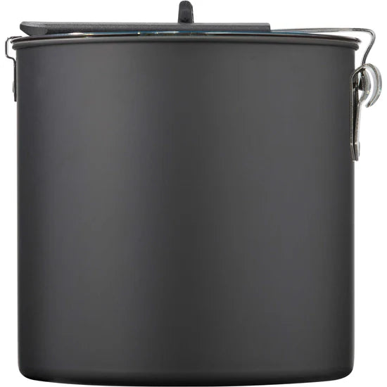 Black metal canister with lid on plain background