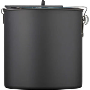 Black metal canister with lid on plain background