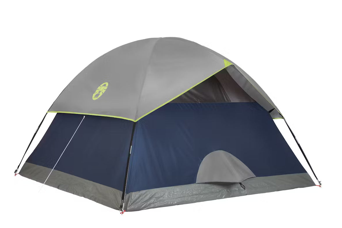 Camping tent with gray and blue design on a white background