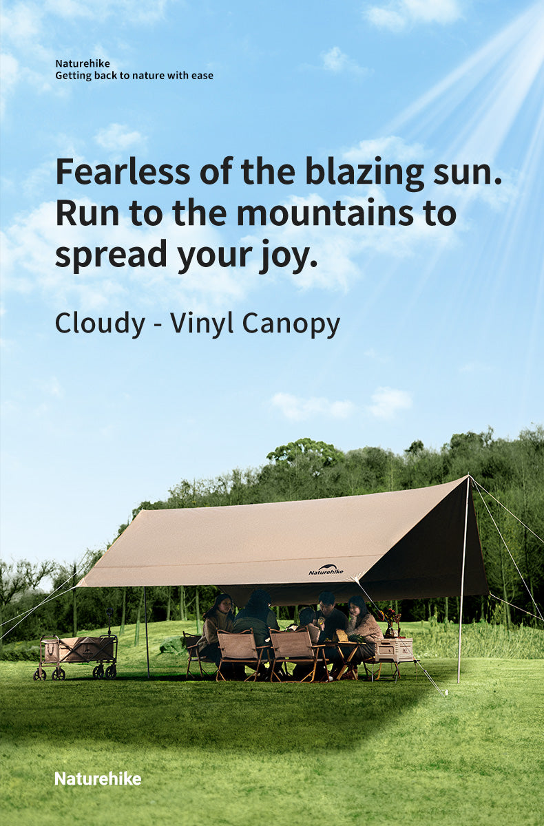 Naturehike vinyl canopy with people under it in a scenic outdoor setting