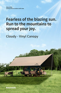 Naturehike vinyl canopy with people under it in a scenic outdoor setting