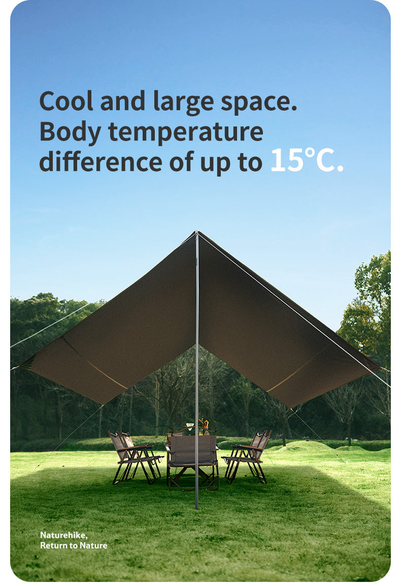 Outdoor canopy tent on grass with trees in the background, promoting cool and large space.