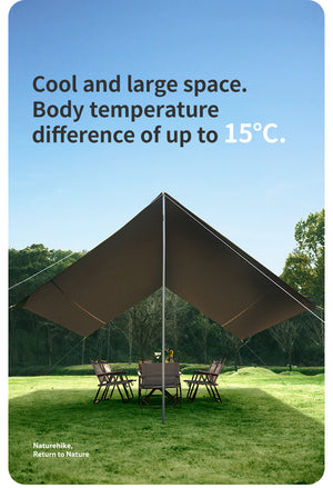 Outdoor canopy tent on grass with trees in the background, promoting cool and large space.