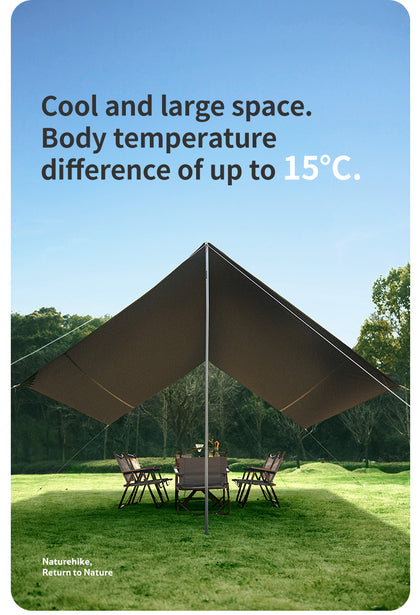 Outdoor canopy tent on grass with trees in the background, promoting cool and large space.