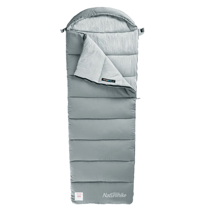 A gray rectangular sleeping bag with a hat, laid out on a plain background.