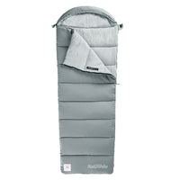 A gray rectangular sleeping bag with a hat, laid out on a plain background.