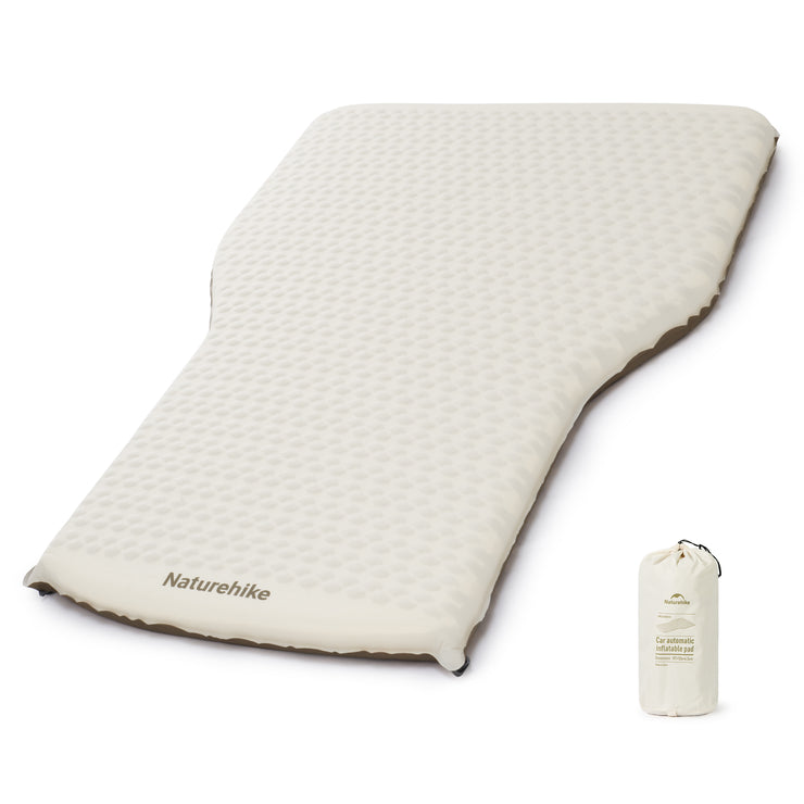 Naturehike branded automatic inflatable pad in khaki color with a textured surface, displayed alongside its carry bag.
