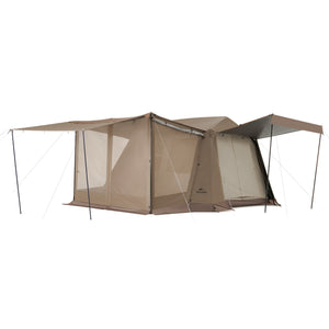 A large beige and brown tent with an extended awning, designed for outdoor use.