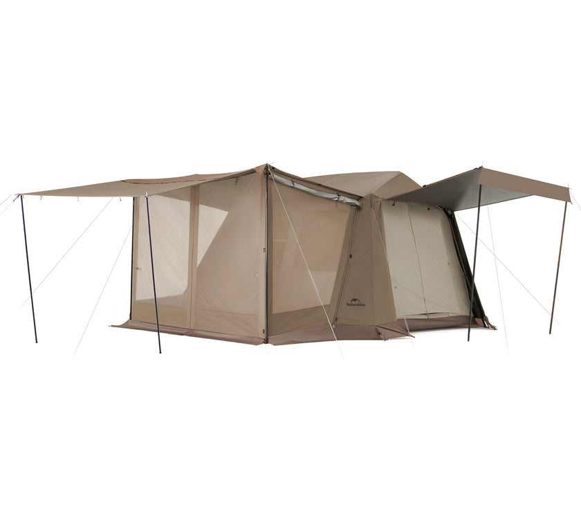 A large beige and brown tent with an extended awning, designed for outdoor use.