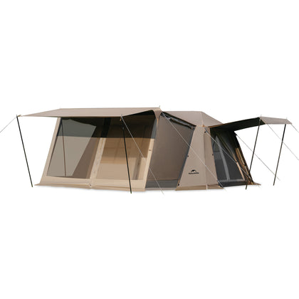 A brown and black Naturehike Village 13 ridge automatic tent set up outdoors.