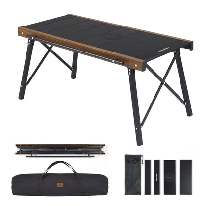 A foldable camping table with a black tabletop and aluminum frame, shown both assembled and folded, including a carrying case.