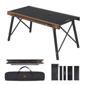 A foldable camping table with a black tabletop and aluminum frame, shown both assembled and folded, including a carrying case.