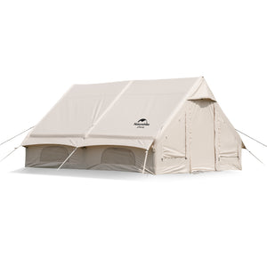Khaki inflatable tent with a solid white interior, featuring a zipper and window or door, set up outdoors.