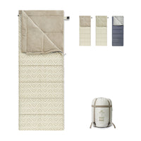 A beige, gray, and blue geometric patterned Naturehike sleeping bag displayed in various states of opening, alongside its carrying bag.