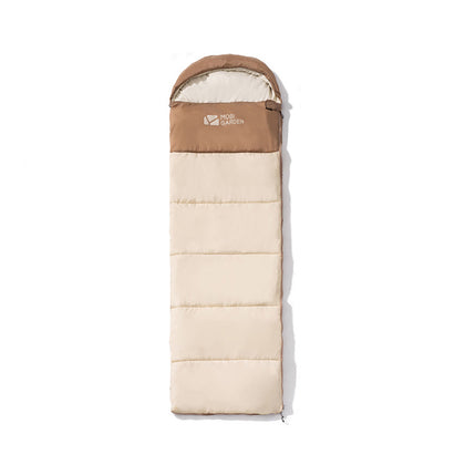 A beige and brown Mobi Garden CloudBless sleeping bag designed for summer use.