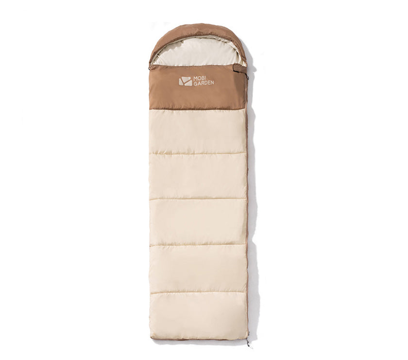 A beige and brown Mobi Garden CloudBless sleeping bag designed for summer use.