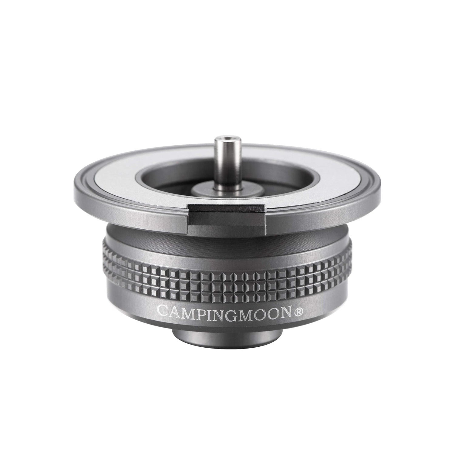 Campingmoon Z13M adapter—compact duralumin & stainless steel converter connecting an EN417 Lindal canister to butane stoves with magnetic lock systems.