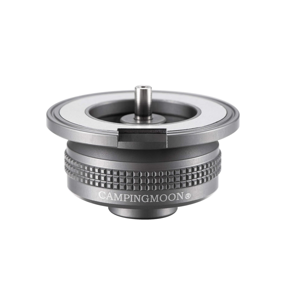 Campingmoon Z13M adapter—compact duralumin & stainless steel converter connecting an EN417 Lindal canister to butane stoves with magnetic lock systems.