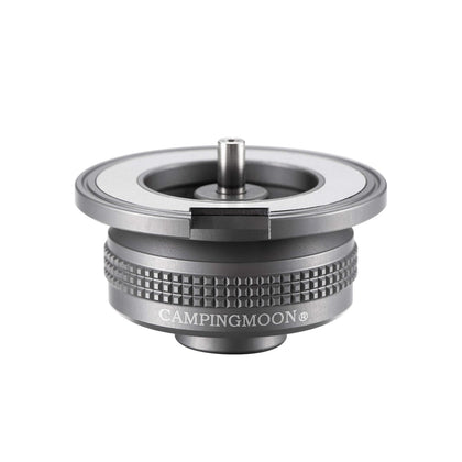 Campingmoon Z13M adapter—compact duralumin & stainless steel converter connecting an EN417 Lindal canister to butane stoves with magnetic lock systems.
