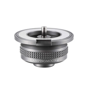 Campingmoon Z13M adapter—compact duralumin & stainless steel converter connecting an EN417 Lindal canister to butane stoves with magnetic lock systems.