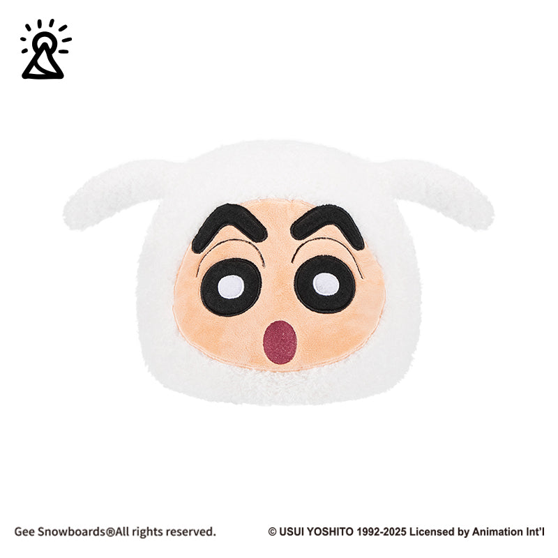 Gee Snowboards Helmet Cover Beanie — white hood with Shin-chan's face and floppy ears