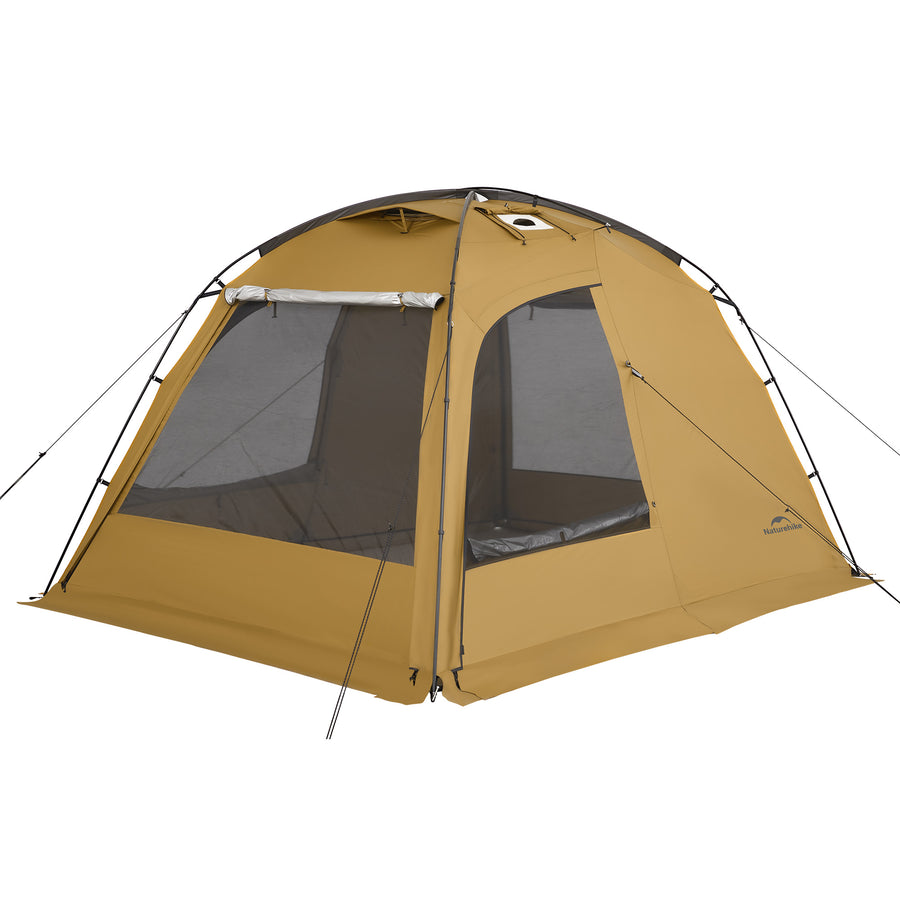 A yellow dome tent with a visible zipper and window mesh, set up outdoors.