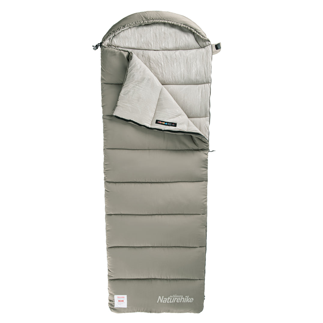 A green rectangular sleeping bag with a hat attached at the top, branded 'Naturehike'.