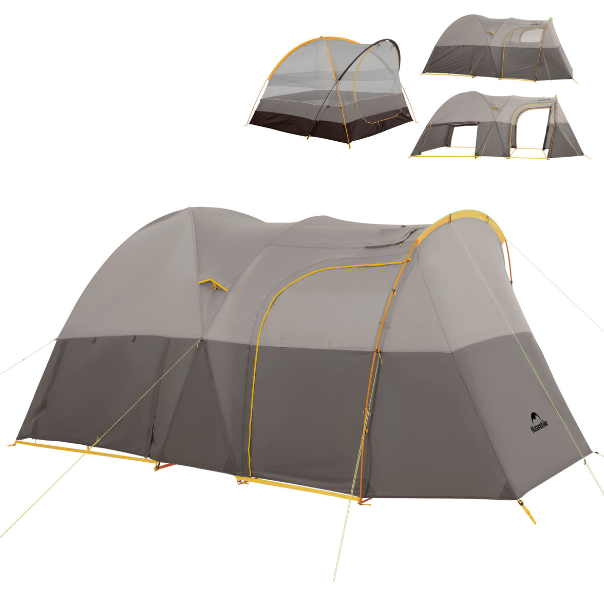 A gray Naturehike KOTA 6 tent displayed in various states of setup, highlighting the tunnel tent design and its components like the mesh door and the main entrance.