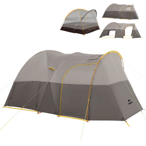 A gray Naturehike KOTA 6 tent displayed in various states of setup, highlighting the tunnel tent design and its components like the mesh door and the main entrance.