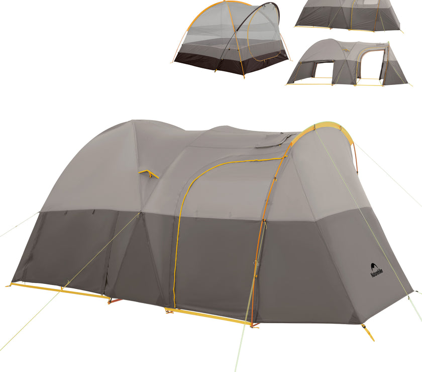 A gray Naturehike KOTA 6 tent displayed in various states of setup, highlighting the tunnel tent design and its components like the mesh door and the main entrance.