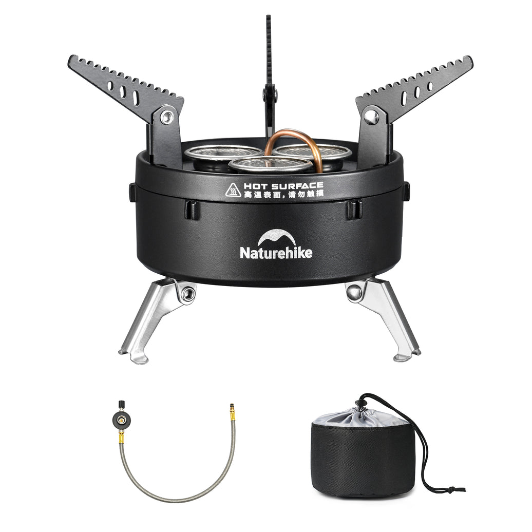 Naturehike three burners gas stove with a black aluminum shell, stainless steel burners, and a preheating pipe, alongside a carry bag.
