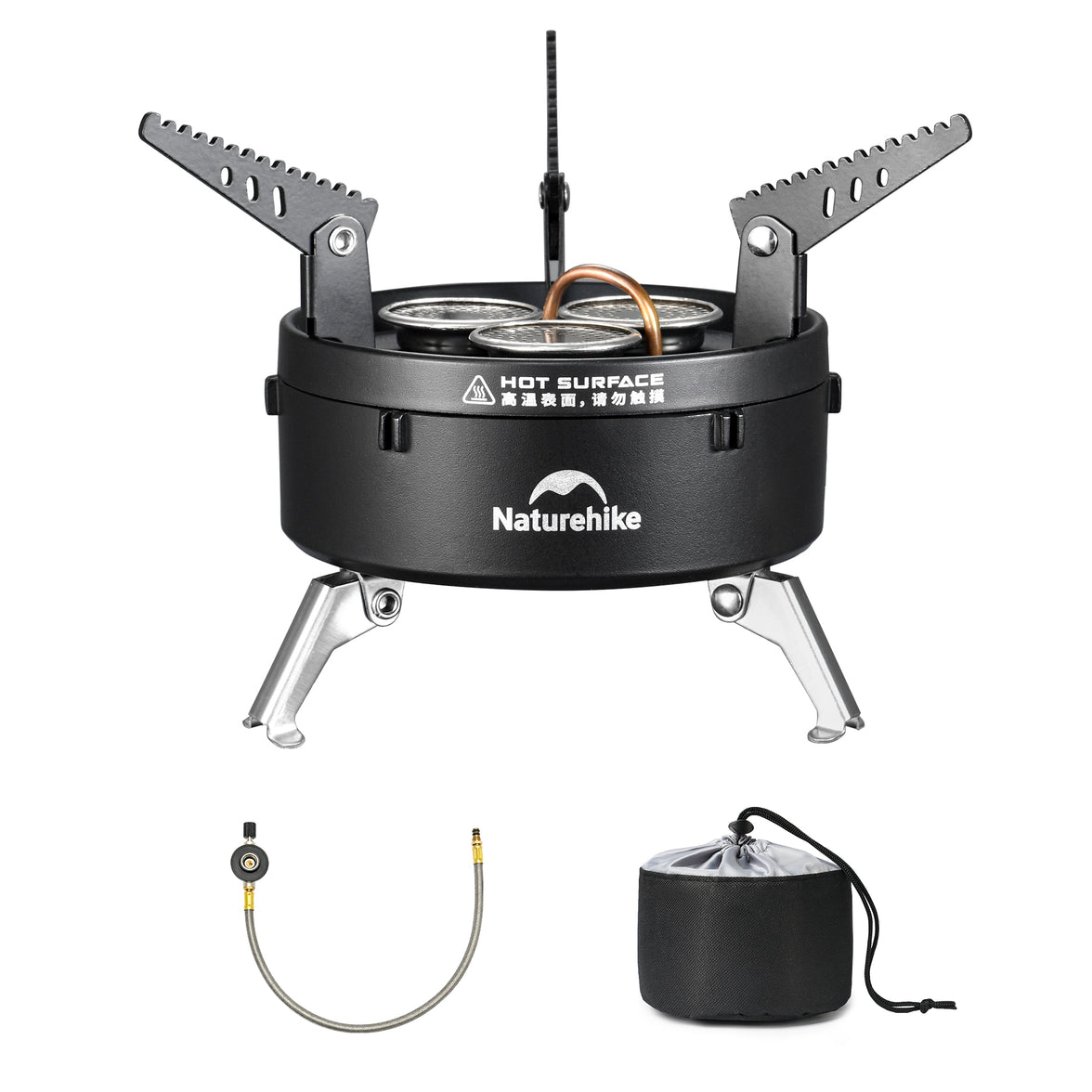 Naturehike three burners gas stove with a black aluminum shell, stainless steel burners, and a preheating pipe, alongside a carry bag.