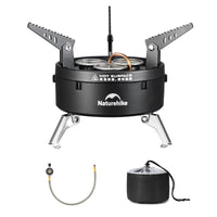 Naturehike three burners gas stove with a black aluminum shell, stainless steel burners, and a preheating pipe, alongside a carry bag.