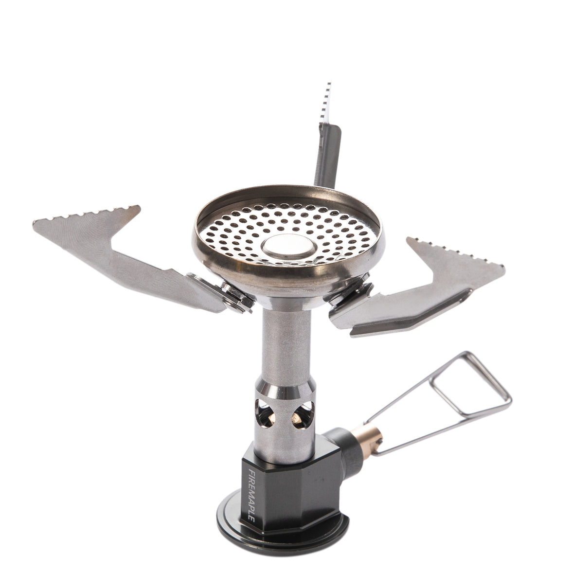 A portable camping gas stove with foldable metal arms and a pressure regulator.