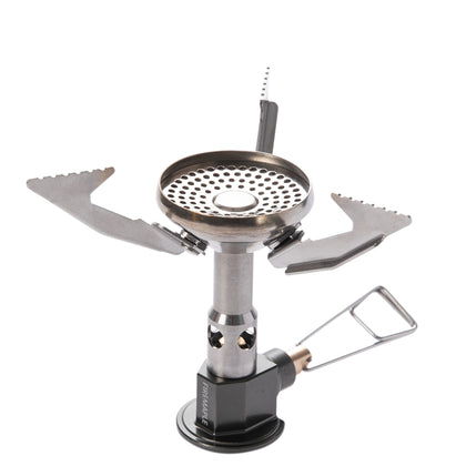 A portable camping gas stove with foldable metal arms and a pressure regulator.
