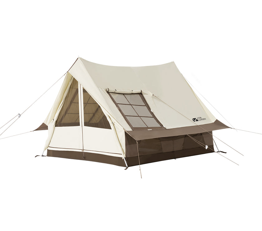 A beige and brown Mobi Garden ERA 190 tent set up outdoors.