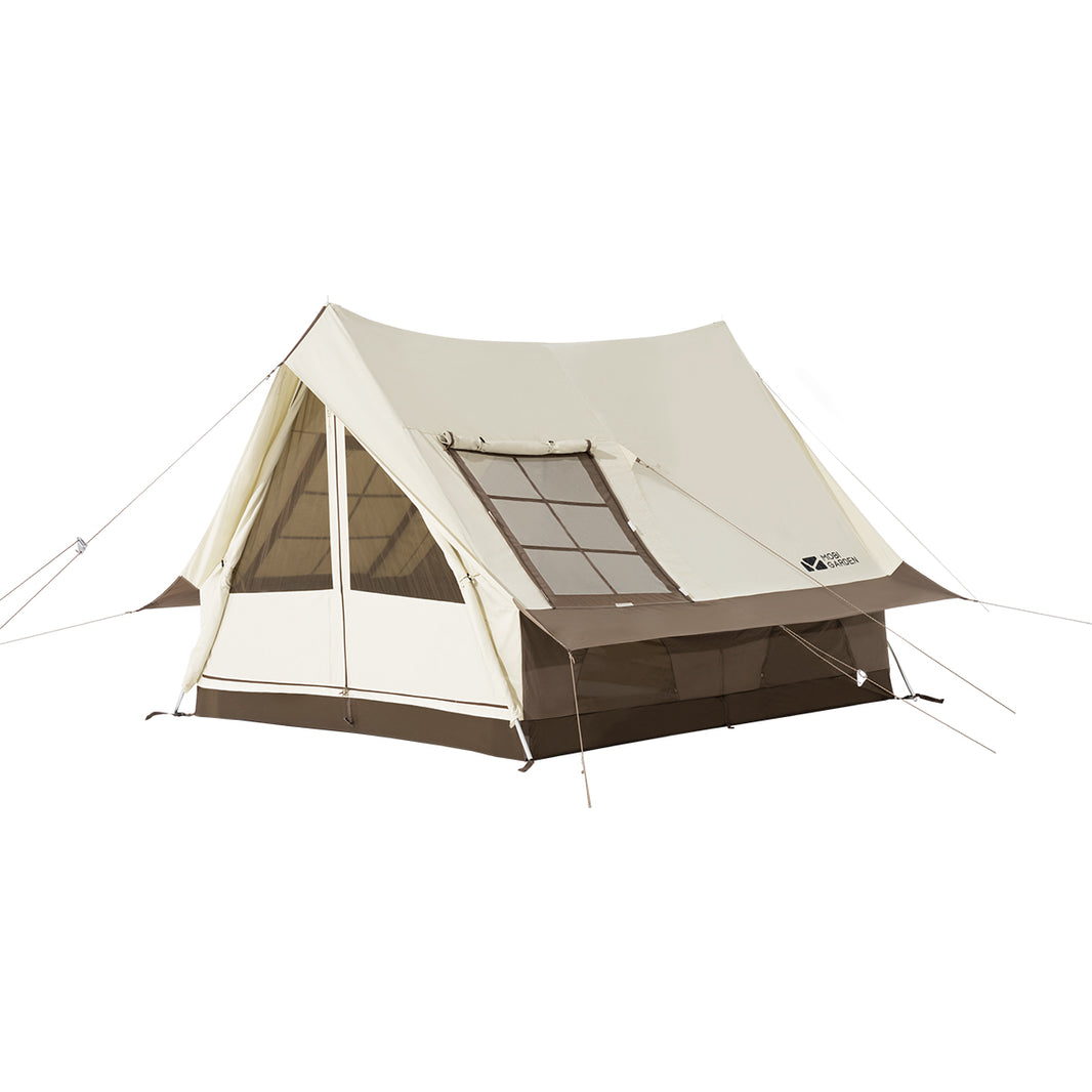 A beige and brown Mobi Garden ERA 190 tent set up outdoors.