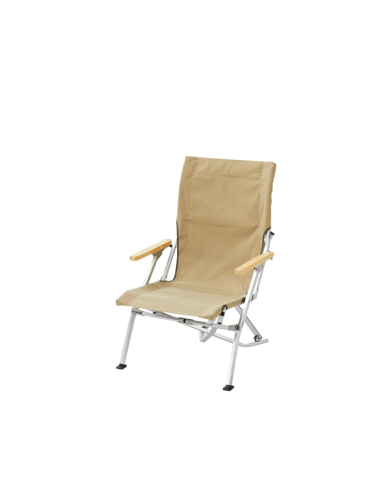 Snow Peak Low Beach Chair LV-091 in khaki with silver aluminum frame and bamboo armrests, studio white background