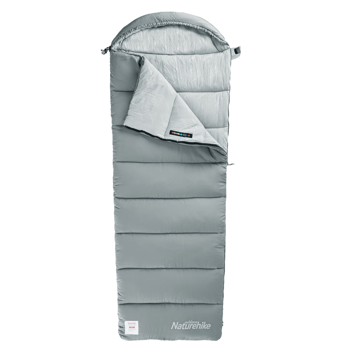 A gray Naturehike envelopec washable cotton sleeping bag with a hood, displayed in a rectangular form.