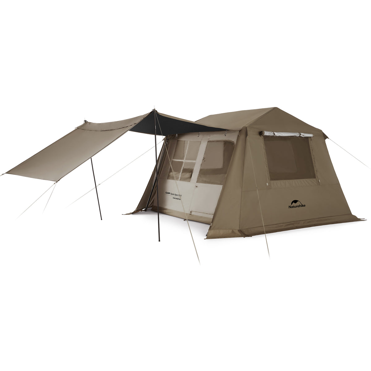 A brown Naturehike Village 6.0 2nd Generation Tent with a quick open design, featuring a spacious interior and an attached awning.