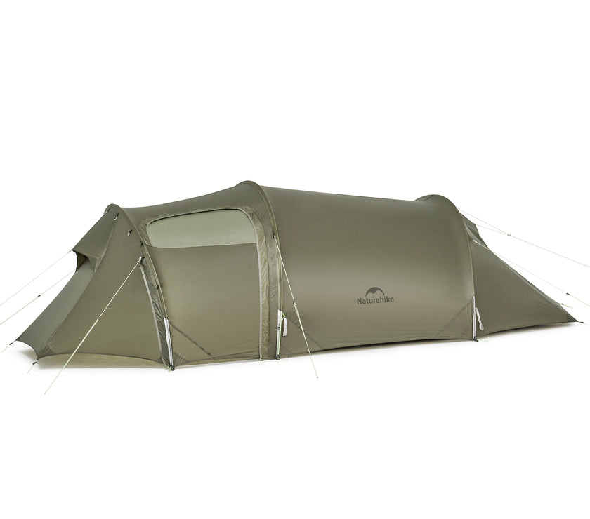 An olive green, three-person tunnel tent with a large outdoor porch, designed for ultralight hiking and camping.