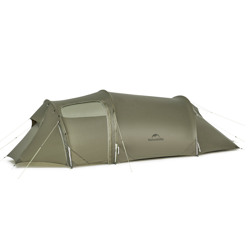 An olive green, three-person tunnel tent with a large outdoor porch, designed for ultralight hiking and camping.