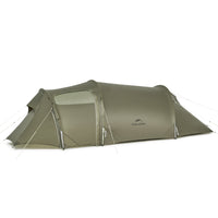 An olive green, three-person tunnel tent with a large outdoor porch, designed for ultralight hiking and camping.