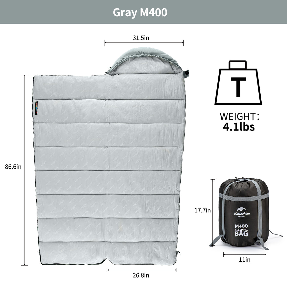 Naturehike Warmy Square With Hat Warming Cotton Sleeping Bag M400 Grey