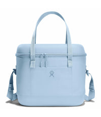Light blue tote bag with shoulder straps on a white background