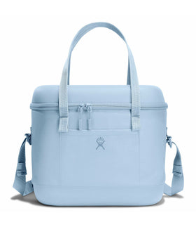 Light blue tote bag with shoulder straps on a white background