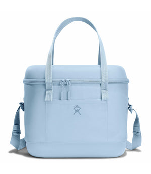 Light blue tote bag with shoulder straps on a white background