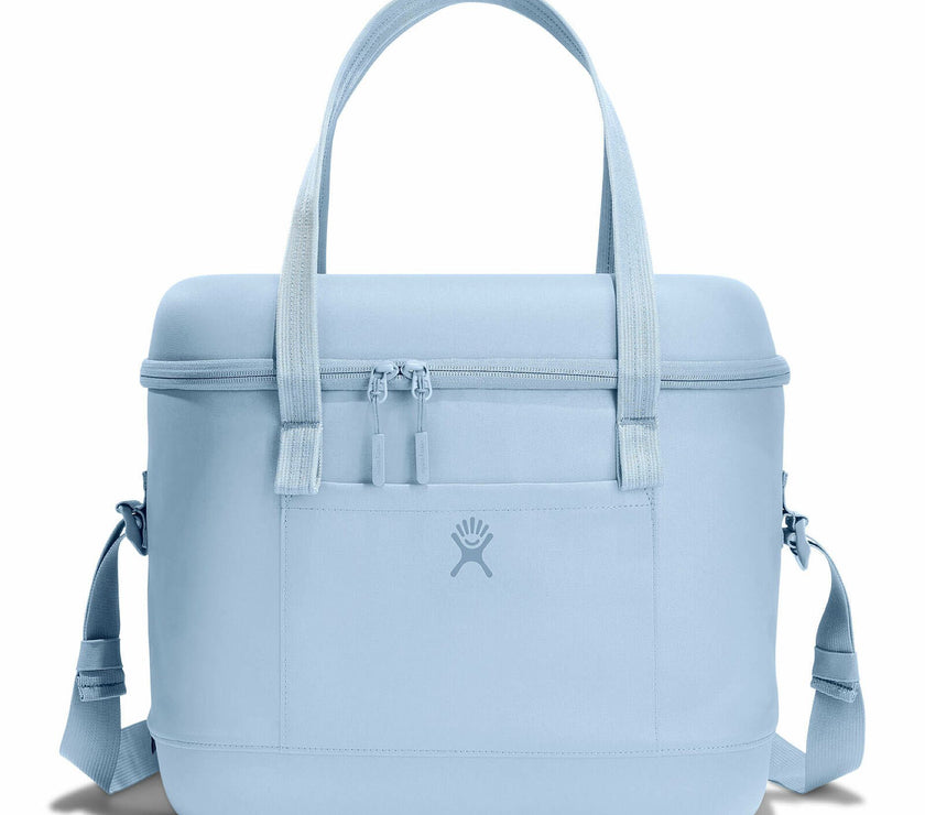 Light blue tote bag with shoulder straps on a white background