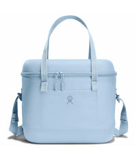 Light blue tote bag with shoulder straps on a white background